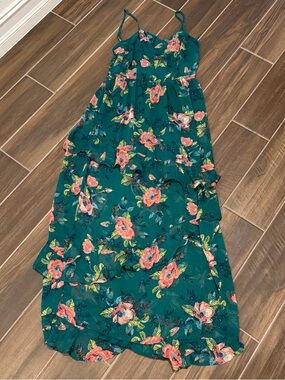 Xhilaration Teal Floral Maxi Dress with Coral Roses